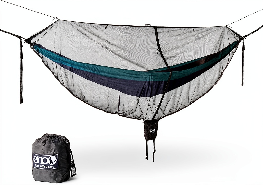 ENO camping hammock with bug net set up in a forest
