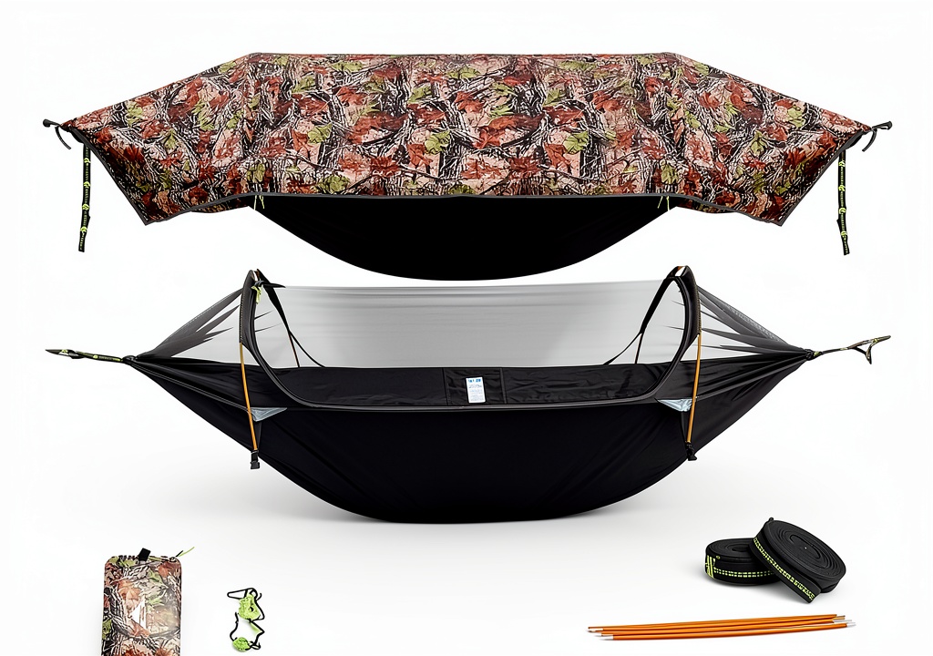 Rivenlo Camo Camping Hammock set up between two trees with mosquito net deployed